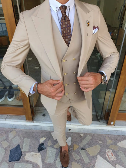 Boston Beige Slim Fit Peak Lapel Wool Suit - Elevate Your Wardrobe BOJONI