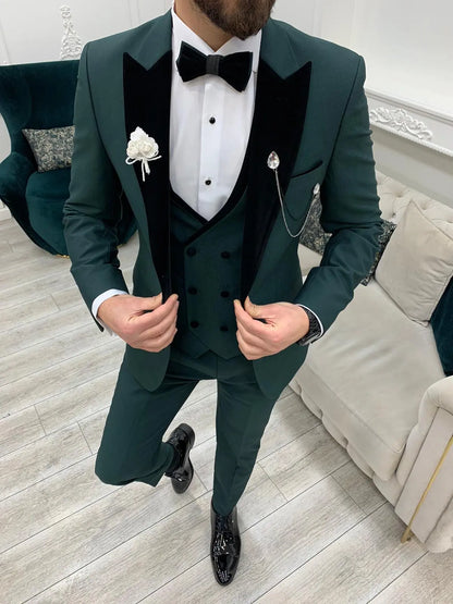 Eden Green Slim Fit Velvet Peak Lapel Tuxedo - BRABION