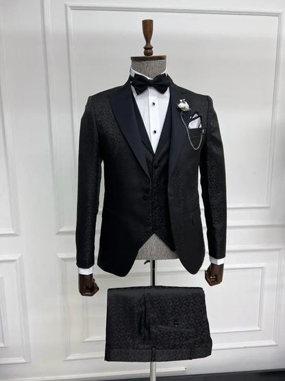 Sorento Black Slim Fit Floral Peak Lapel Tuxedo - Premium Formalwear for Men - BRABION