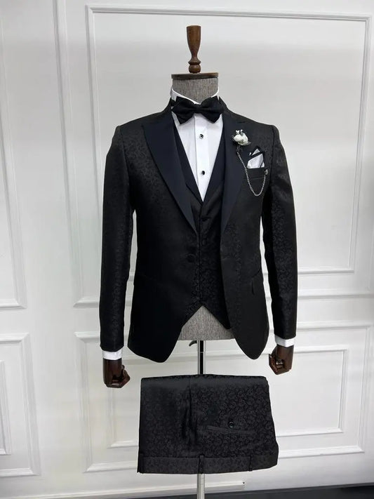 Sorento Black Slim Fit Floral Peak Lapel Tuxedo - Premium Formalwear for Men - BRABION