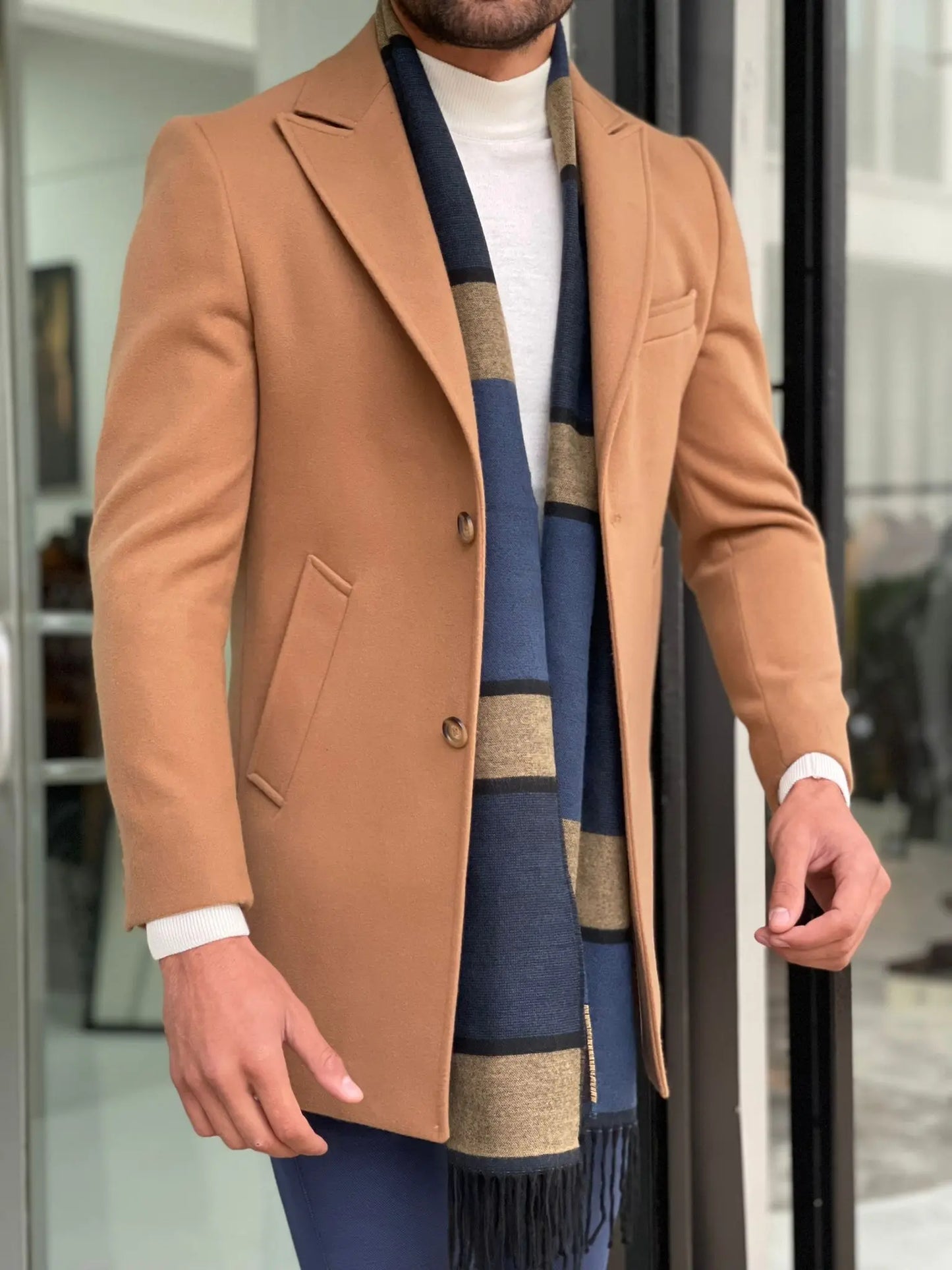 Viena Camel Slim Fit Wool Long Coat - BRABION