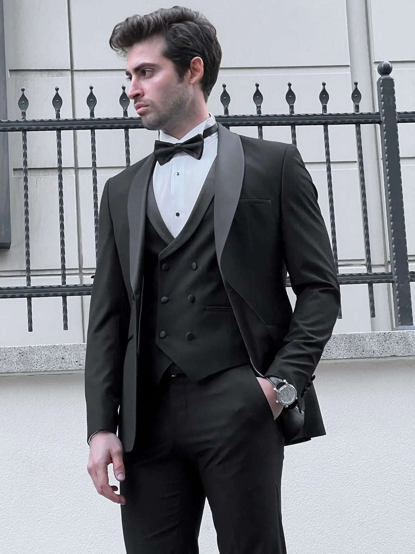 Enzo Black Shawl Lapel Slim Fit Tuxedo for Men - BRABION