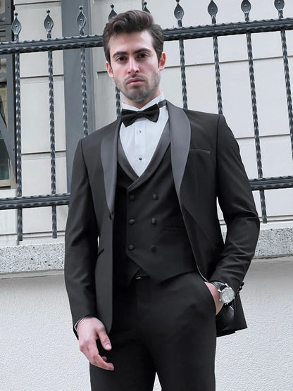Enzo Black Shawl Lapel Slim Fit Tuxedo for Men - BRABION