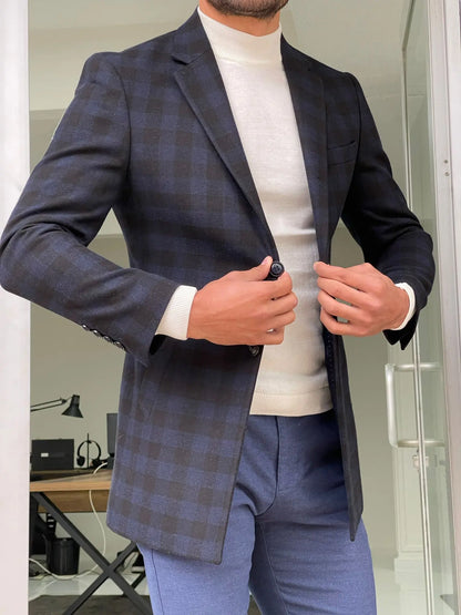 Melbourne Navy Blue Slim Fit Plaid Wool Long Coat - BRABION