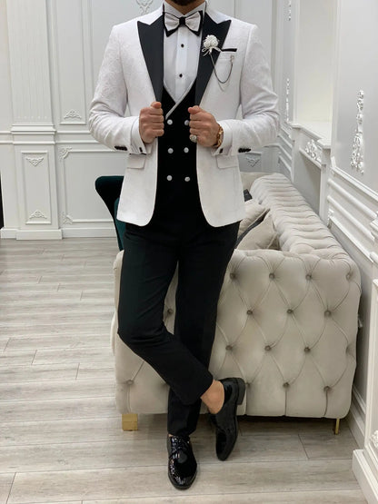Caesar White Slim Fit Peak Lapel Floral Patterned Tuxedo - BRABION