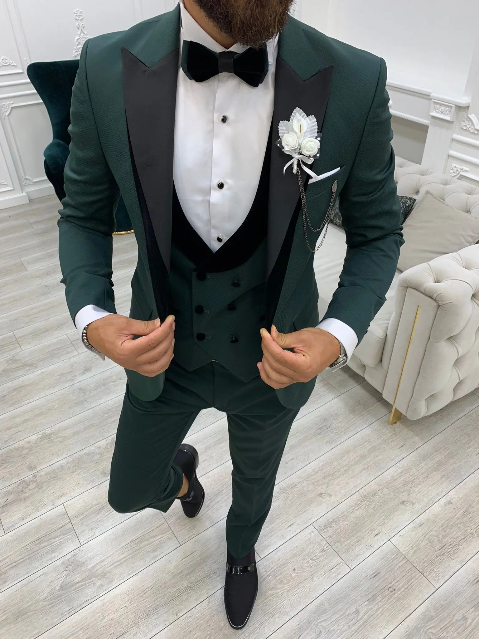 Infinite Green Slim Fit Velvet Peak Lapel Tuxedo - BRABION