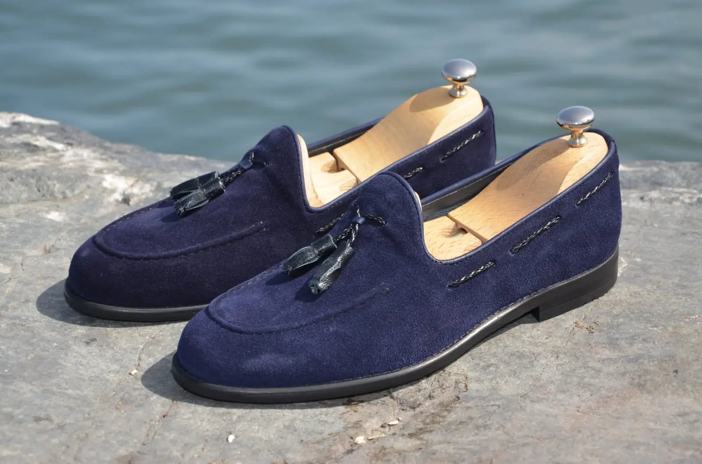Suade Calf-Leather Loafer Shoes - Navy Blue - BRABION