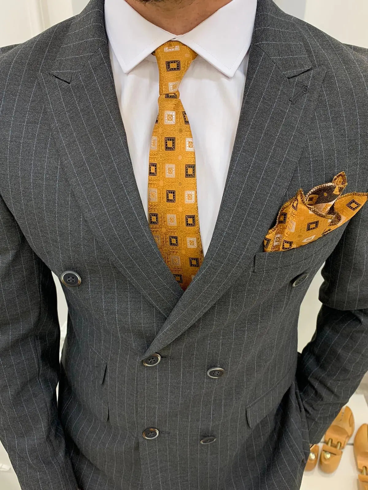 Milano Gray Slim Fit Double Breasted Pinstripe Suit BOJONI