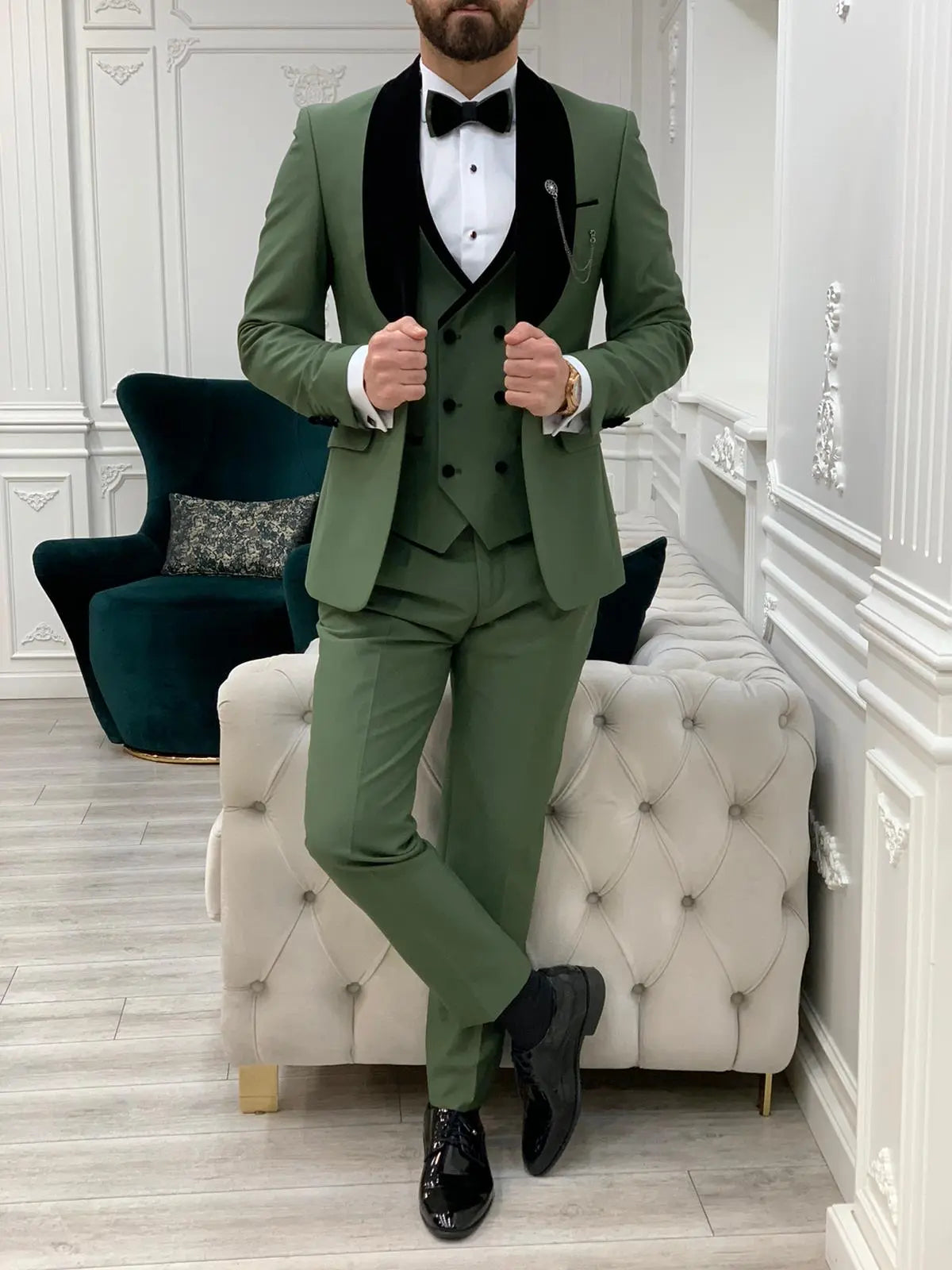 Eden Light Green Slim Fit Velvet Shawl Lapel Tuxedo - BRABION