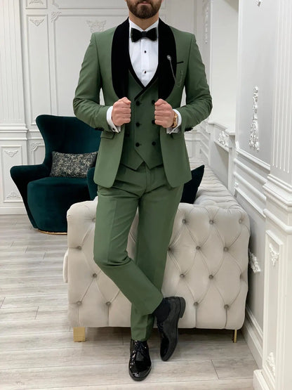 Eden Light Green Slim Fit Velvet Shawl Lapel Tuxedo - BRABION