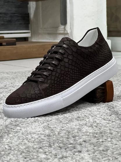 Lenzi Special Edition Suede Print Leather Brown Sneakers - BRABION