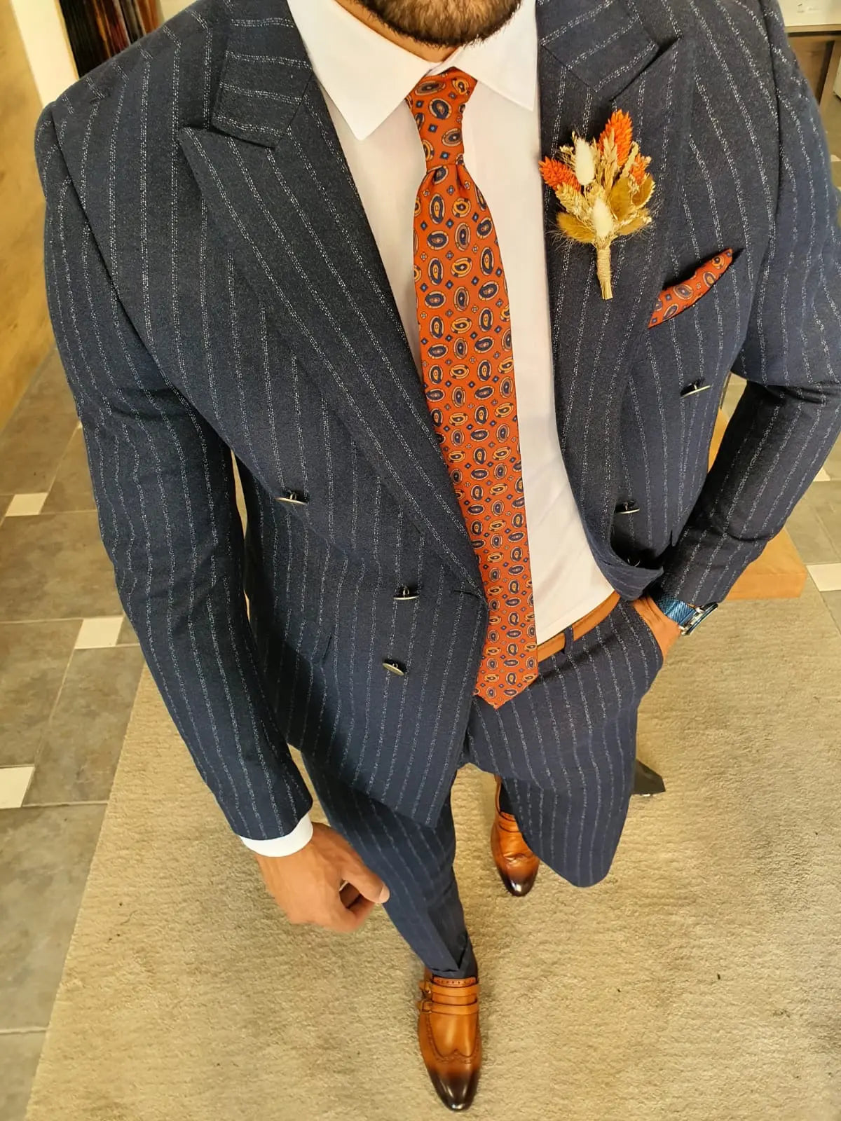 Men's Navy Blue Pinstripe Double Breasted Suit BOJONI