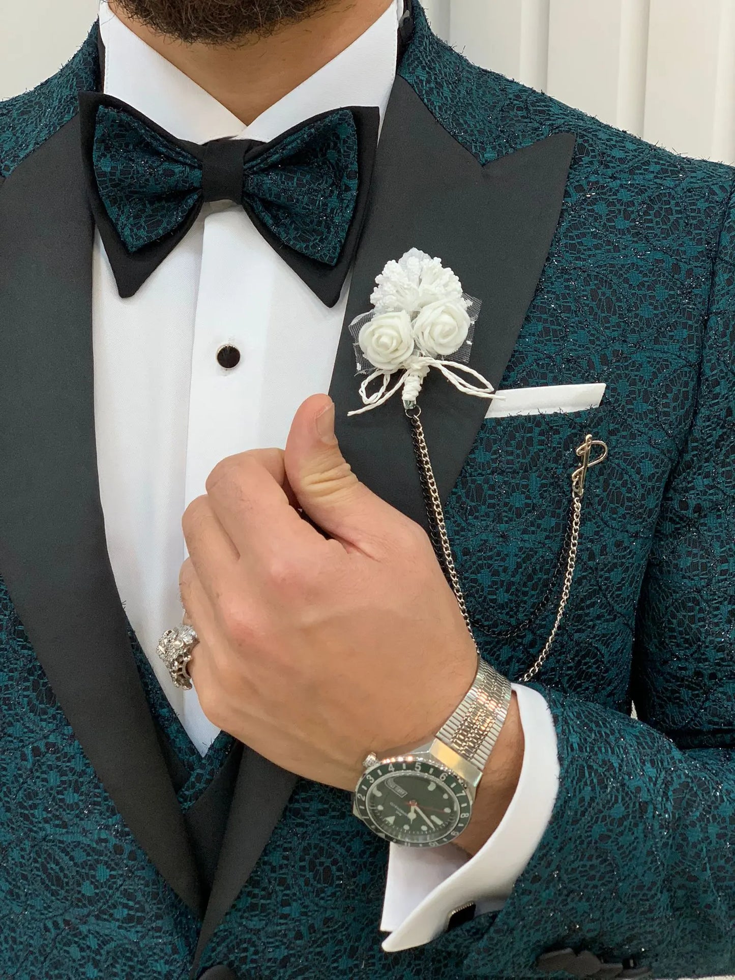 Caesar Green Slim Fit Peak Lapel Floral Patterned Tuxedo - BRABION