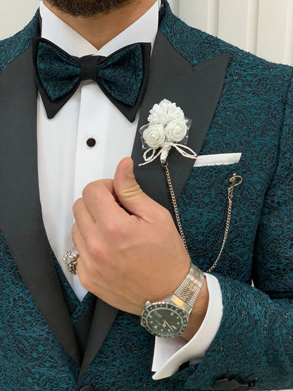 Caesar Green Slim Fit Peak Lapel Floral Patterned Tuxedo - BRABION