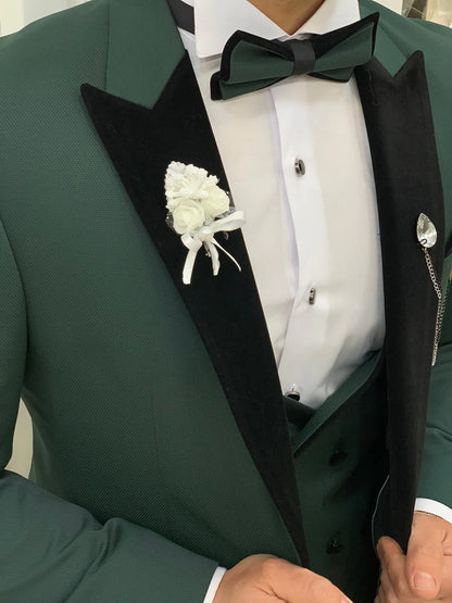 Royal Green Slim Fit Velvet Peak Lapel Tuxedo - BRABION