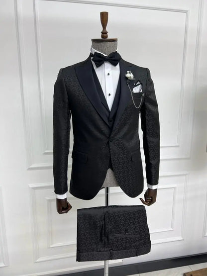 Sorento Black Slim Fit Floral Peak Lapel Tuxedo - Premium Formalwear for Men - BRABION