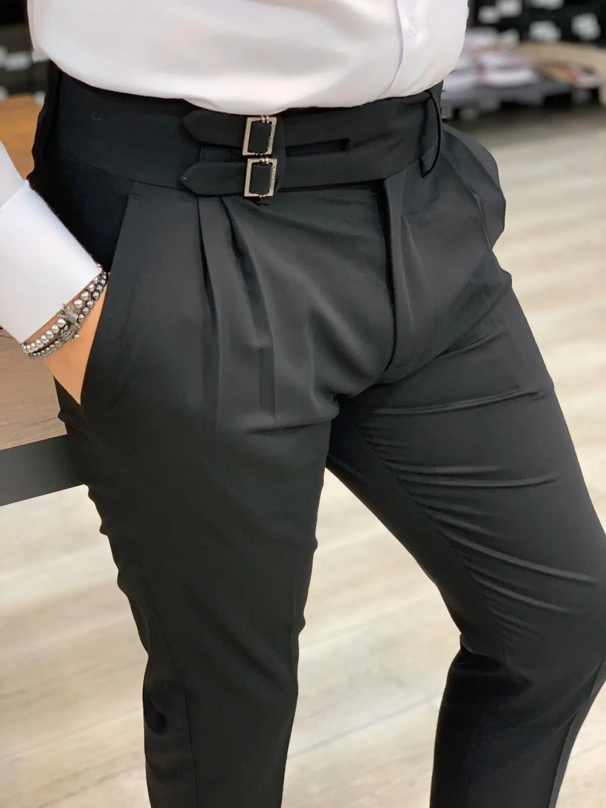 Jake Black Double Pleated Buckled Slim Pants - Versatile Elegance for Every Occasion - BRABION