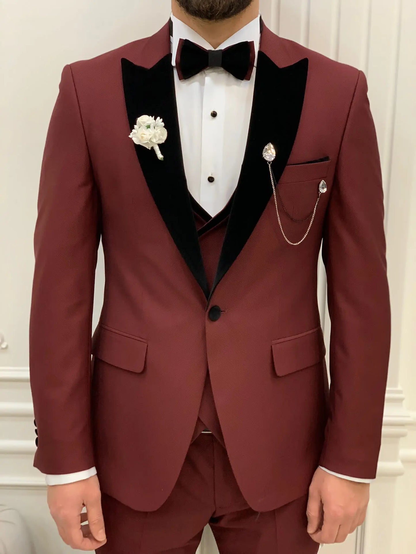 Eden Burgundy Slim Fit Velvet Peak Lapel Tuxedo - BRABION
