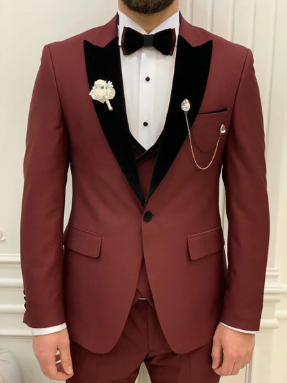 Eden Burgundy Slim Fit Velvet Peak Lapel Tuxedo - BRABION