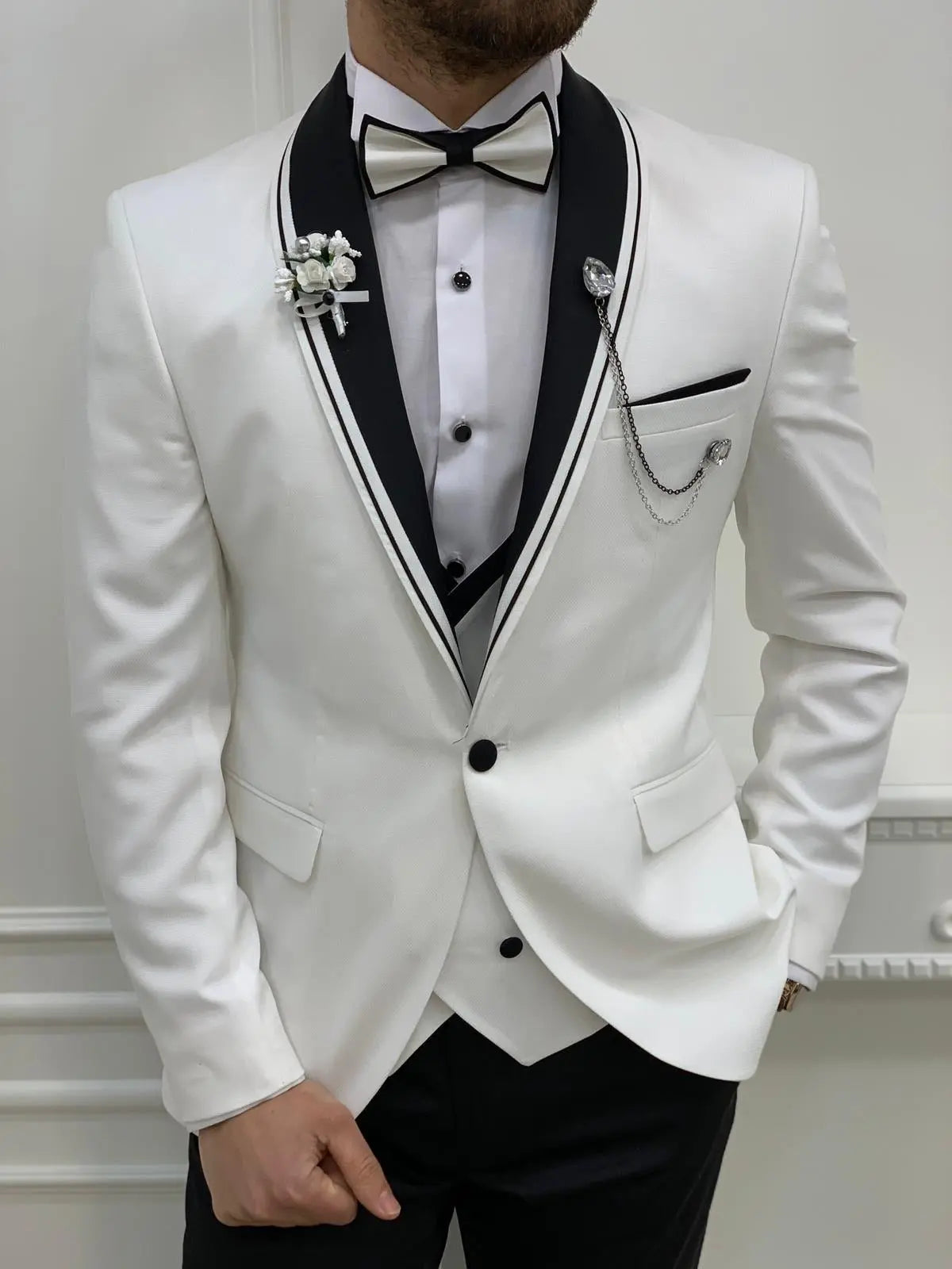 Napoli White Slim Fit Shawl Lapel Tuxedo - BRABION