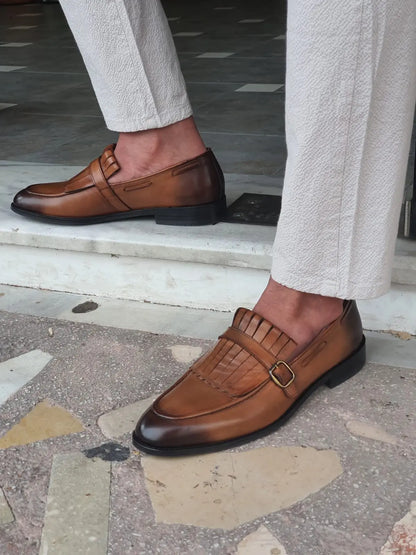 Bristol Tan Buckle Detailed Leather Loafers - BRABION