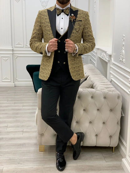 Caesar Golden Slim Fit Peak Lapel Floral Patterned Tuxedo - BRABION