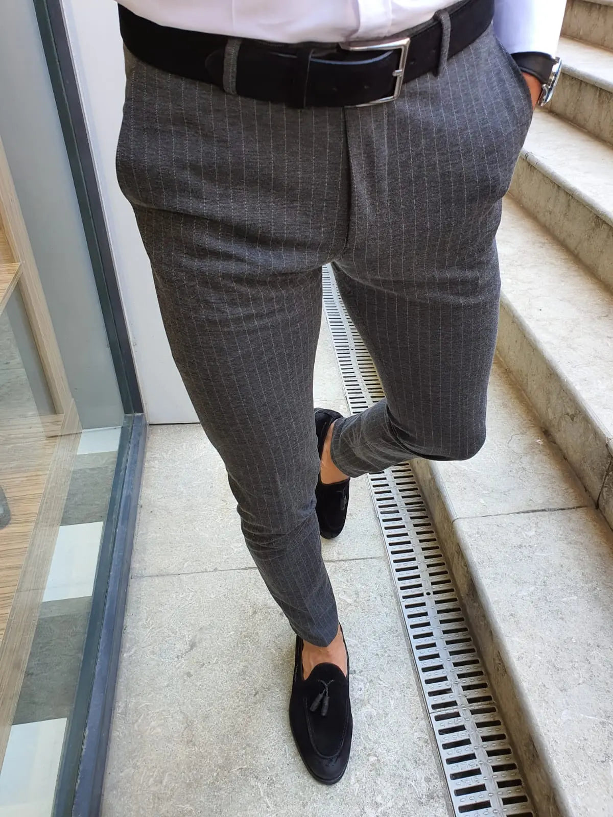 Oakland Anthracite Slim Fit Pinstripe Pants - BRABION