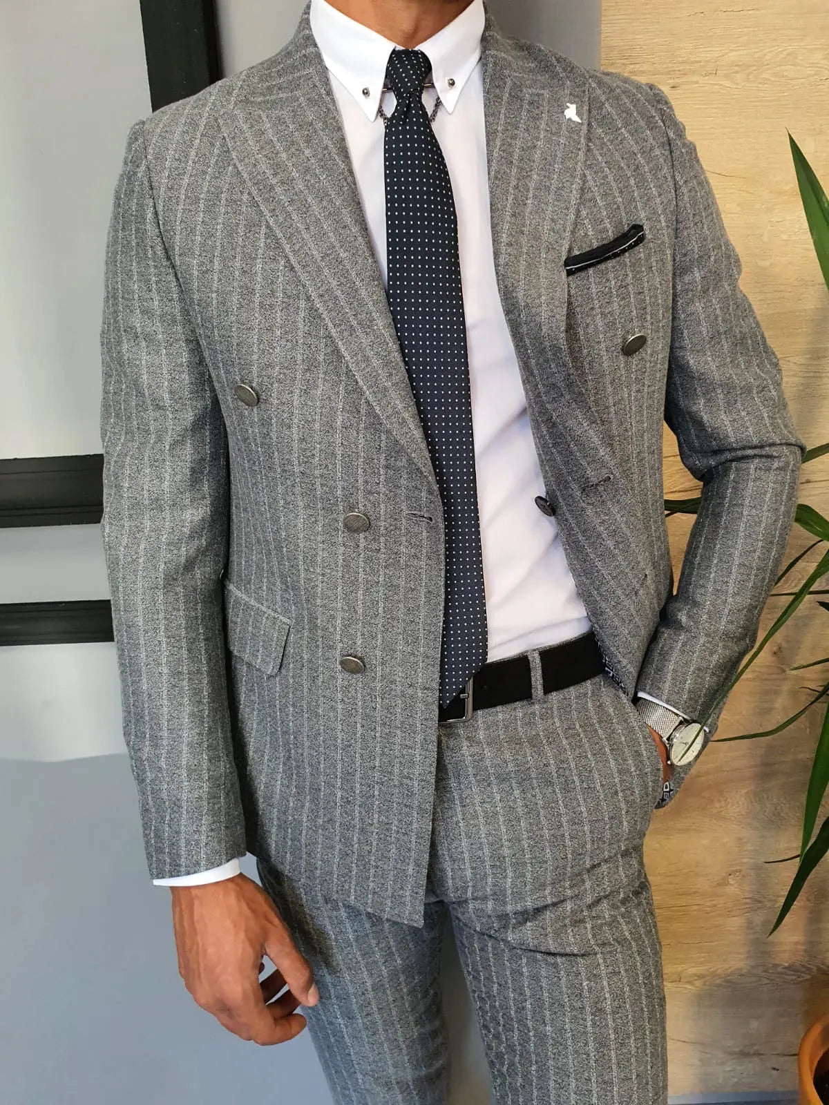Wellington Gray Pinstripe Double Breasted Suit BOJONI