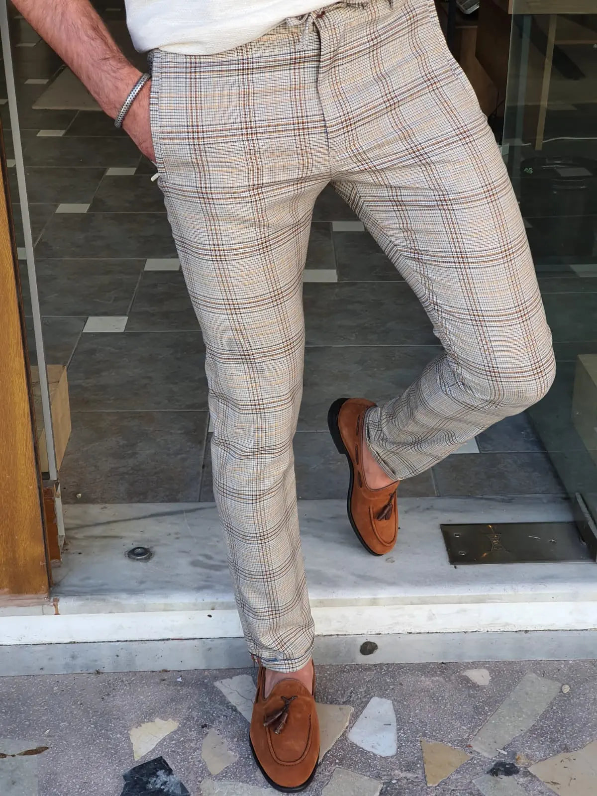 Montreal Brown Slim Fit Plaid Pants: Elegant Versatility for Every Occasion - BRABION