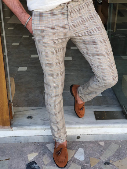 Montreal Brown Slim Fit Plaid Pants: Elegant Versatility for Every Occasion - BRABION