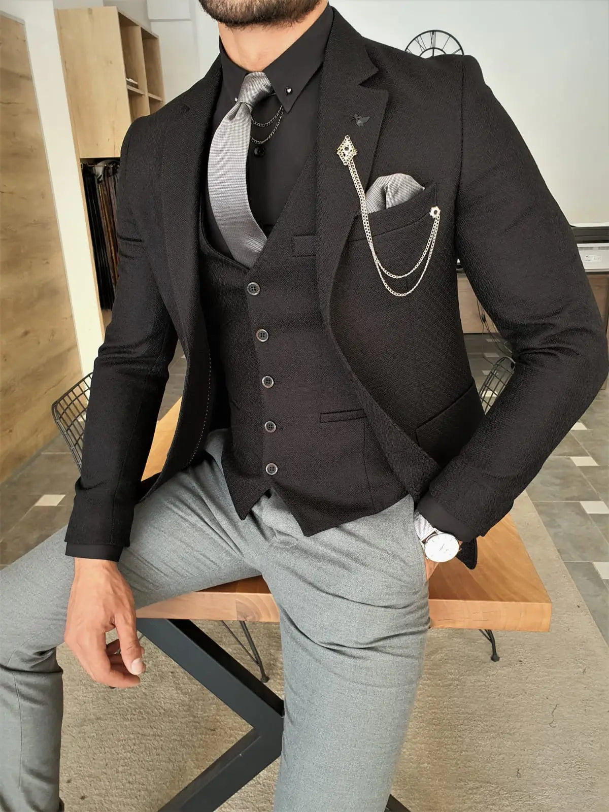 Men's Jet Black Slim Fit Three-Piece Suit BOJONI