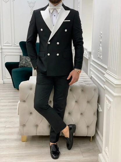 Paris White Black Slim Fit Double Breasted Tuxedo - BRABION