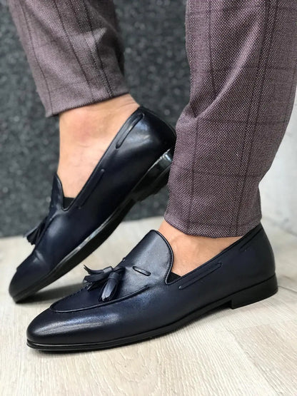 Tassel Leather Navy Loafers for Men - BRABION
