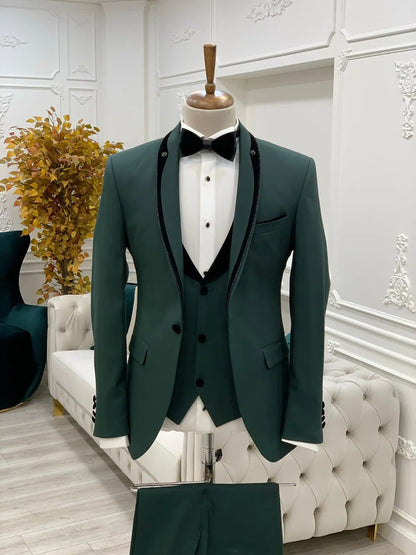 Caesar Green Slim Fit Velvet Shawl Button Lapel Tuxedo - BRABION