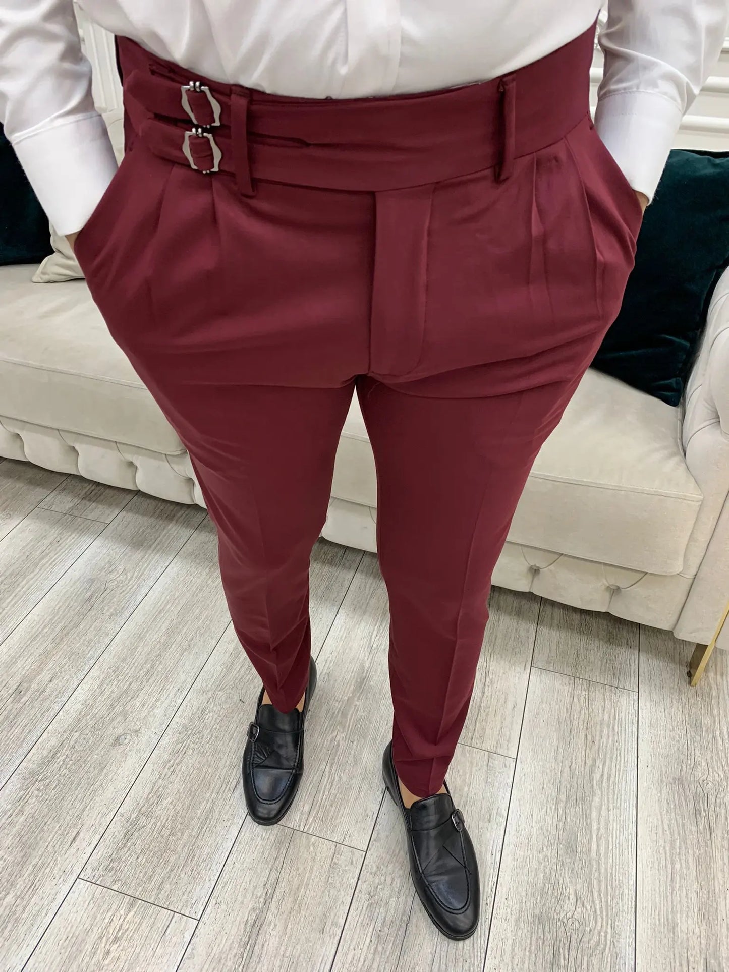 Burgundy Buckled Canvas Trousers for Every Occasion - BRABION