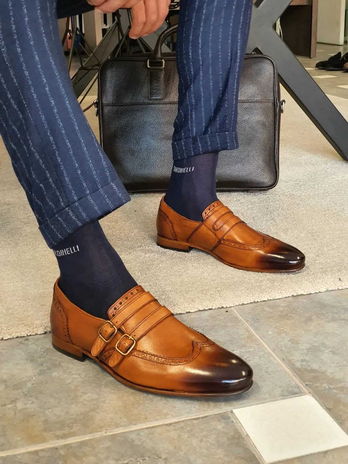 Stefano Tan Buckle Wingtip Loafers - Sophisticated Leather Footwear - BRABION