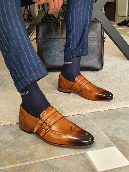 Stefano Tan Buckle Wingtip Loafers - Sophisticated Leather Footwear - BRABION