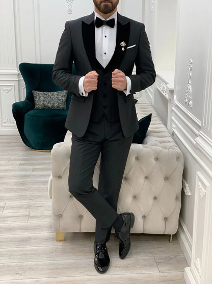 Eden Black Slim Fit Velvet Peak Lapel Tuxedo - BRABION