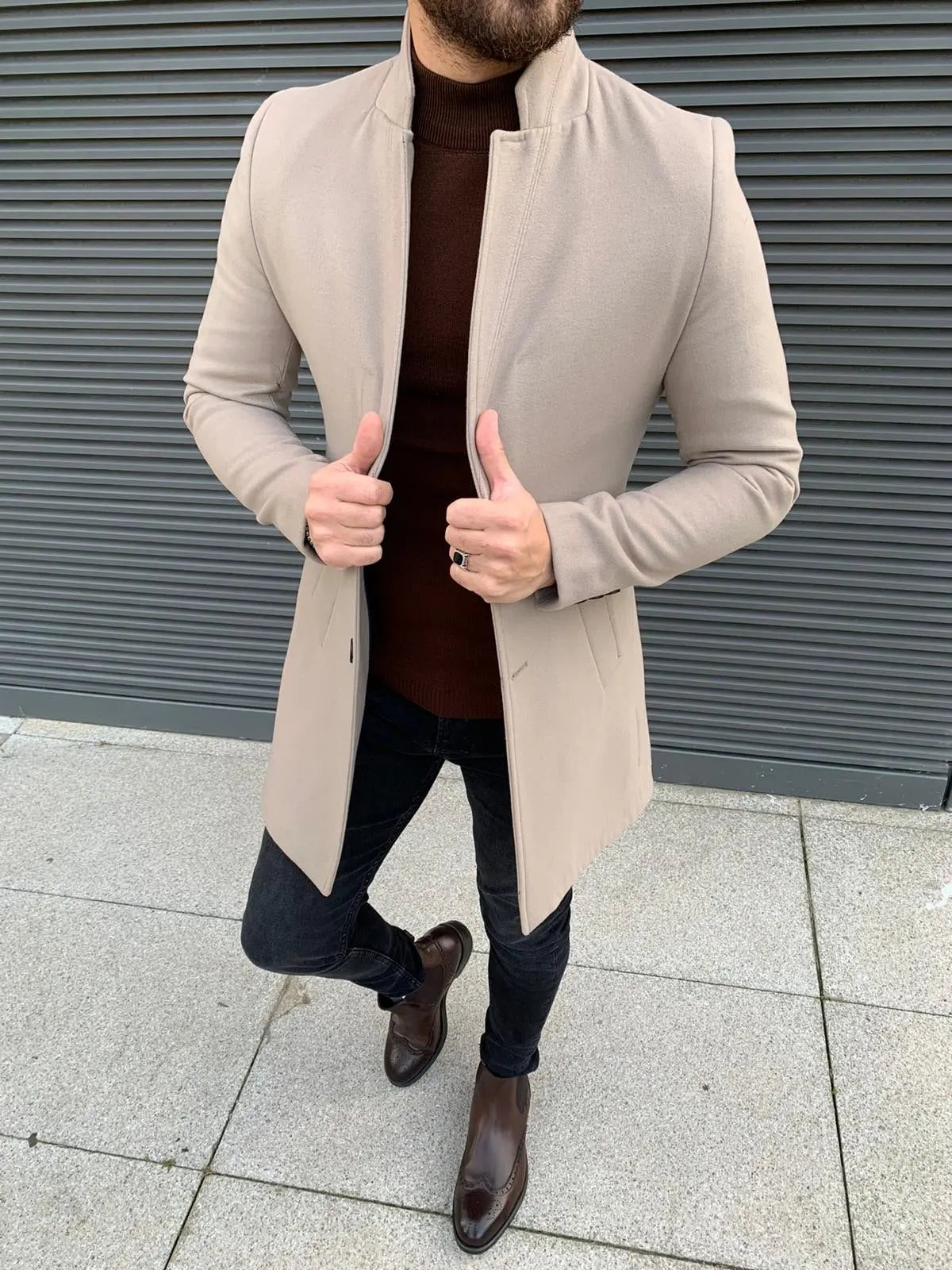 Kenzie Beige Slim Fit Wool Long Coat - Elegance Meets Comfort - BRABION
