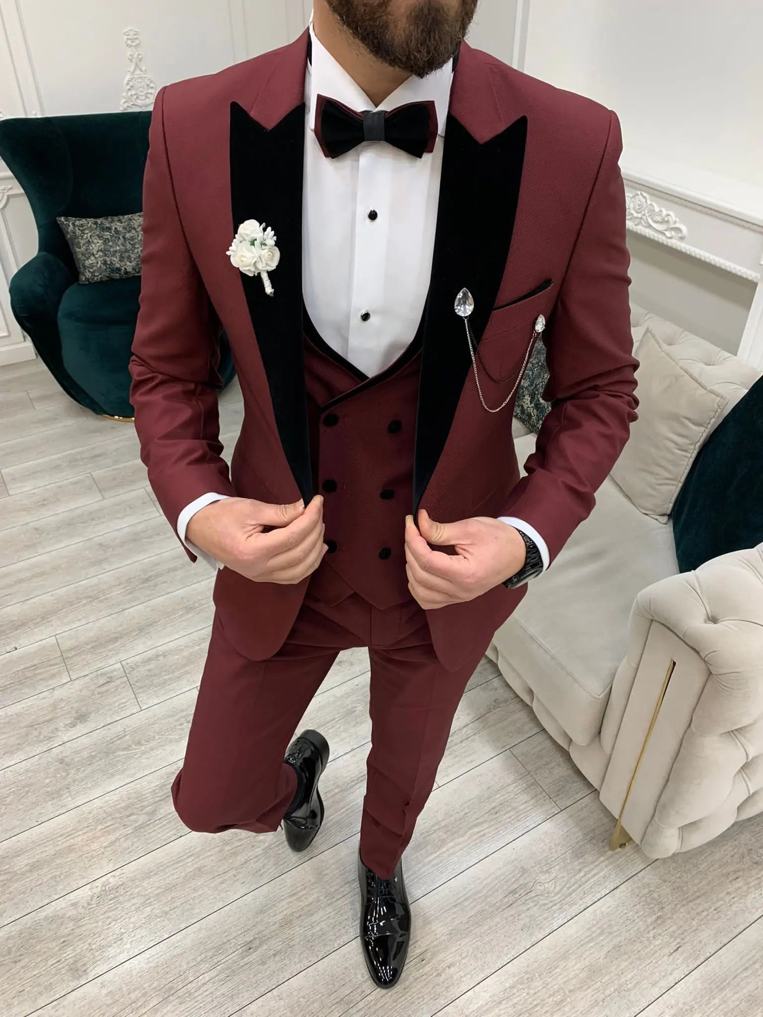 Eden Burgundy Slim Fit Velvet Peak Lapel Tuxedo - BRABION