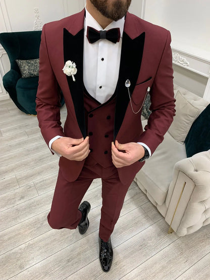 Eden Burgundy Slim Fit Velvet Peak Lapel Tuxedo - BRABION