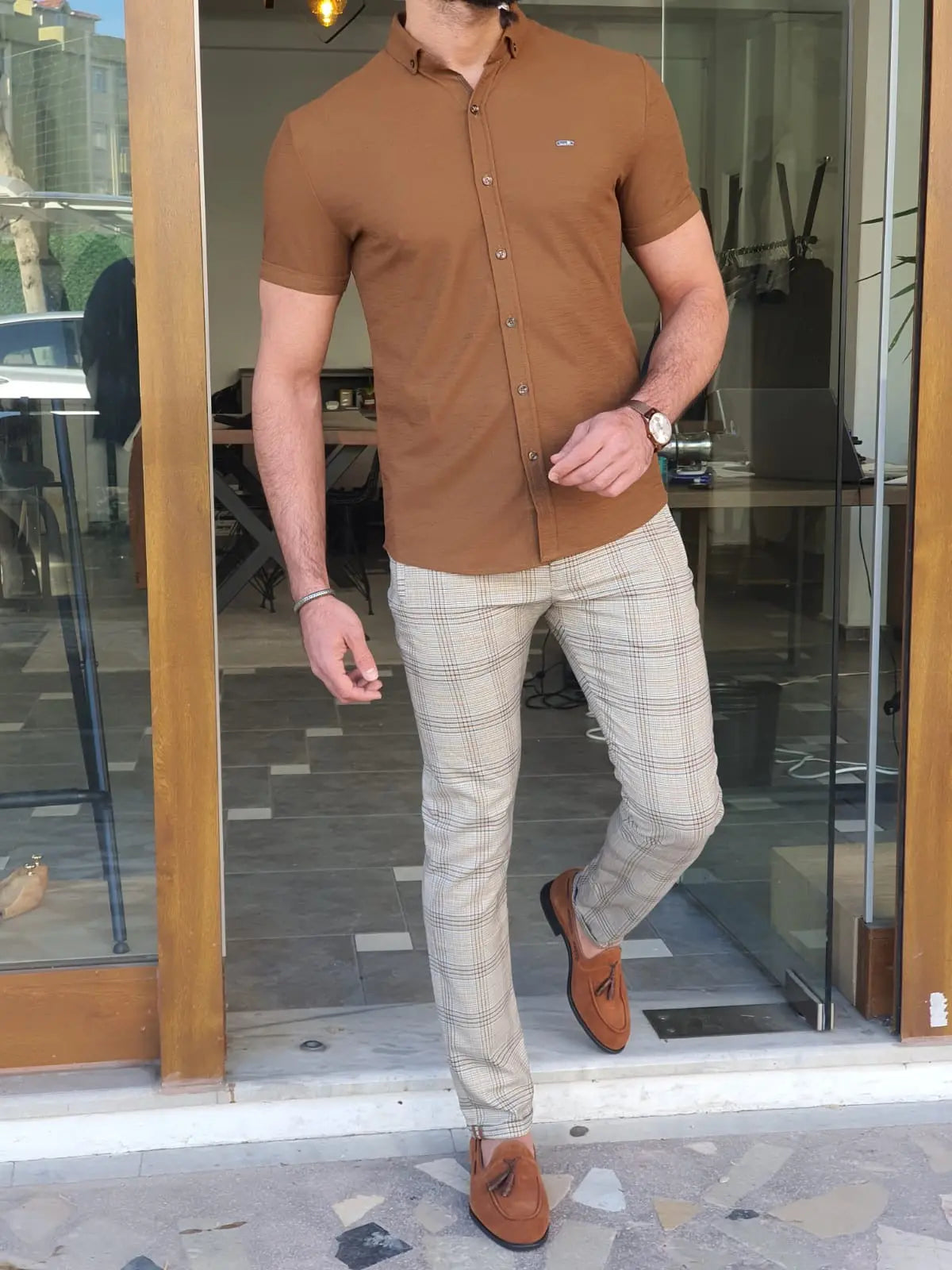 Brabion Napoli Camel Slim Fit Short Sleeve Shirt - BRABION