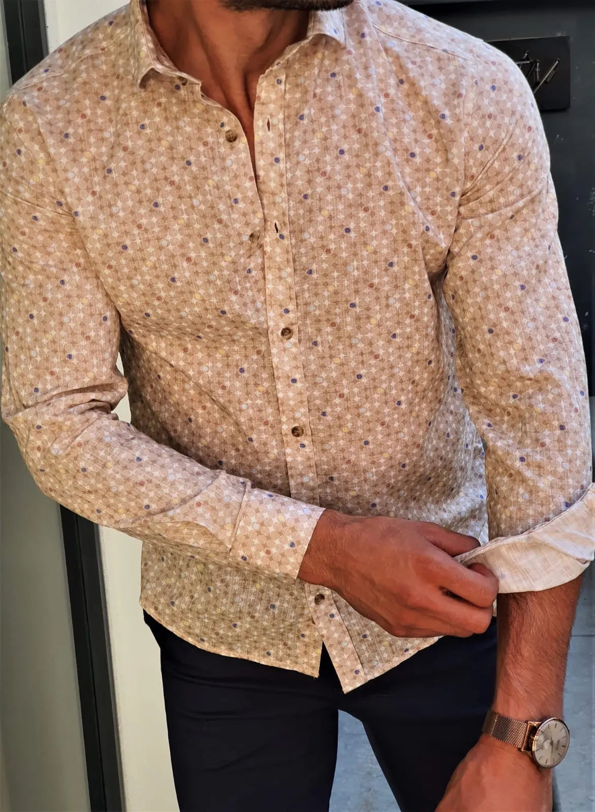 Brabion Stefano Beige Patterned Slim-Fit Cotton Shirt - BRABION