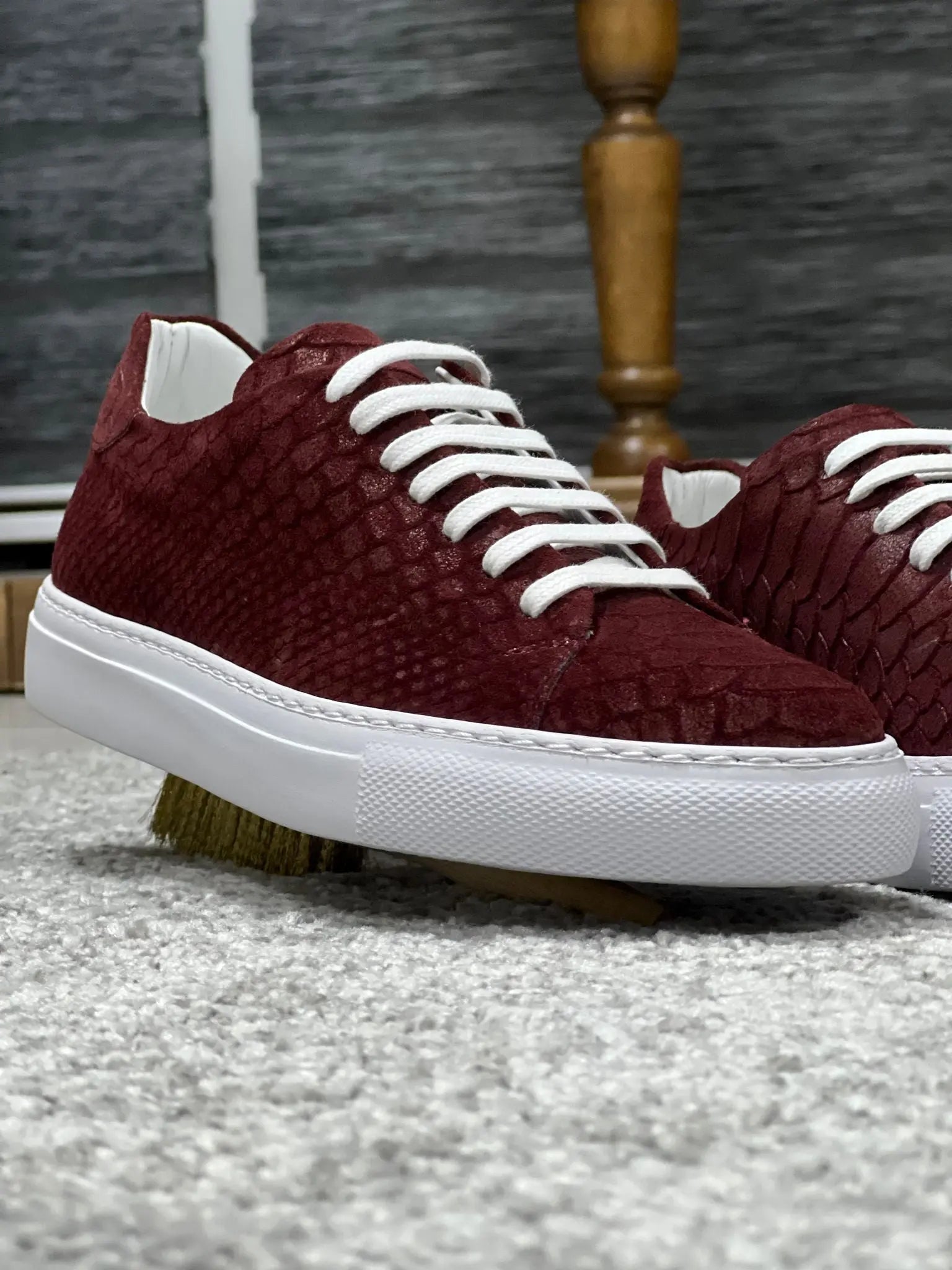 Lenzi Special Edition Suede Print Leather Burgundy Sneakers - BRABION