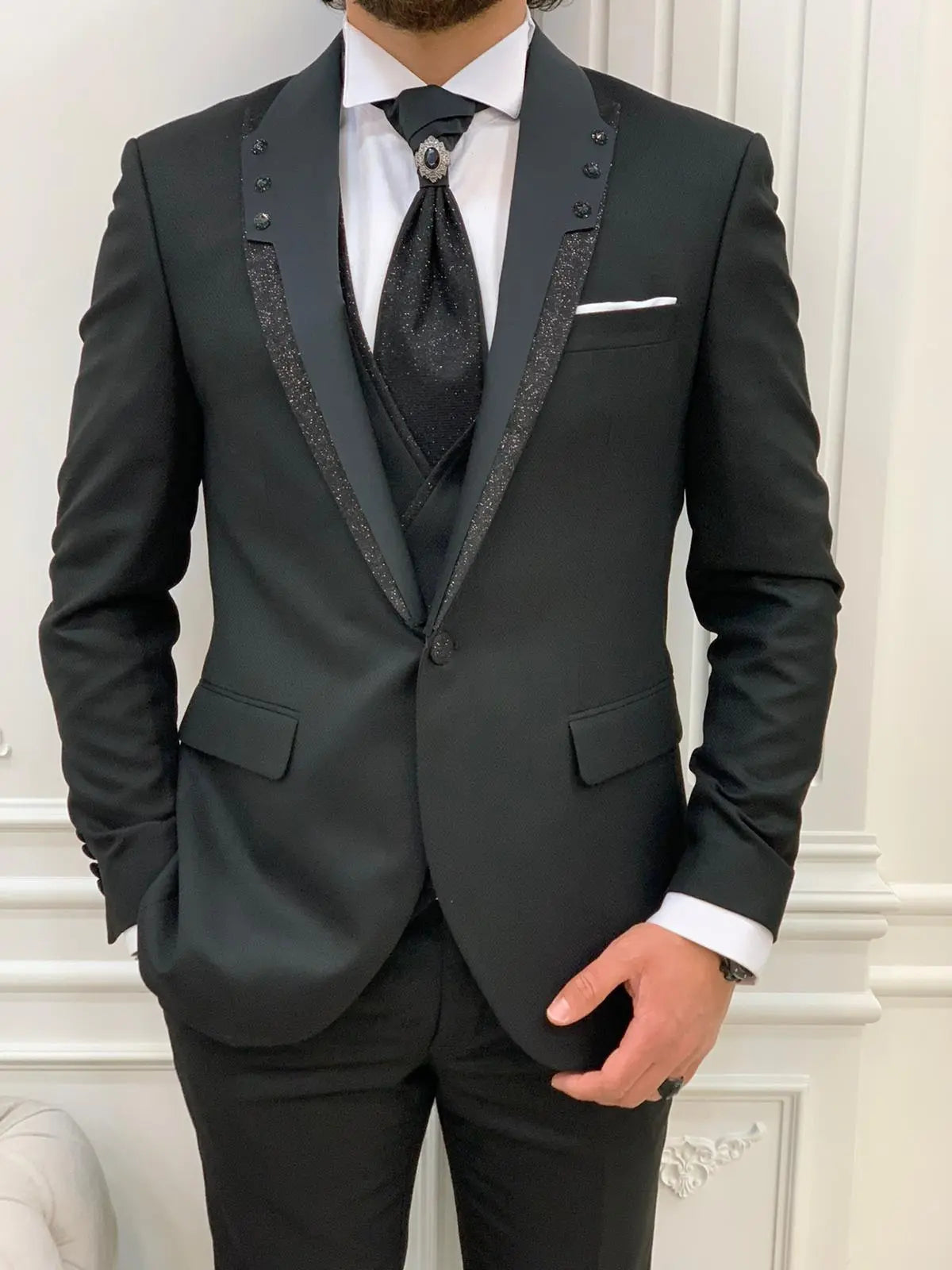 Forte Black Slim Fit Glitter Peak Lapel Wedding Suit - BRABION