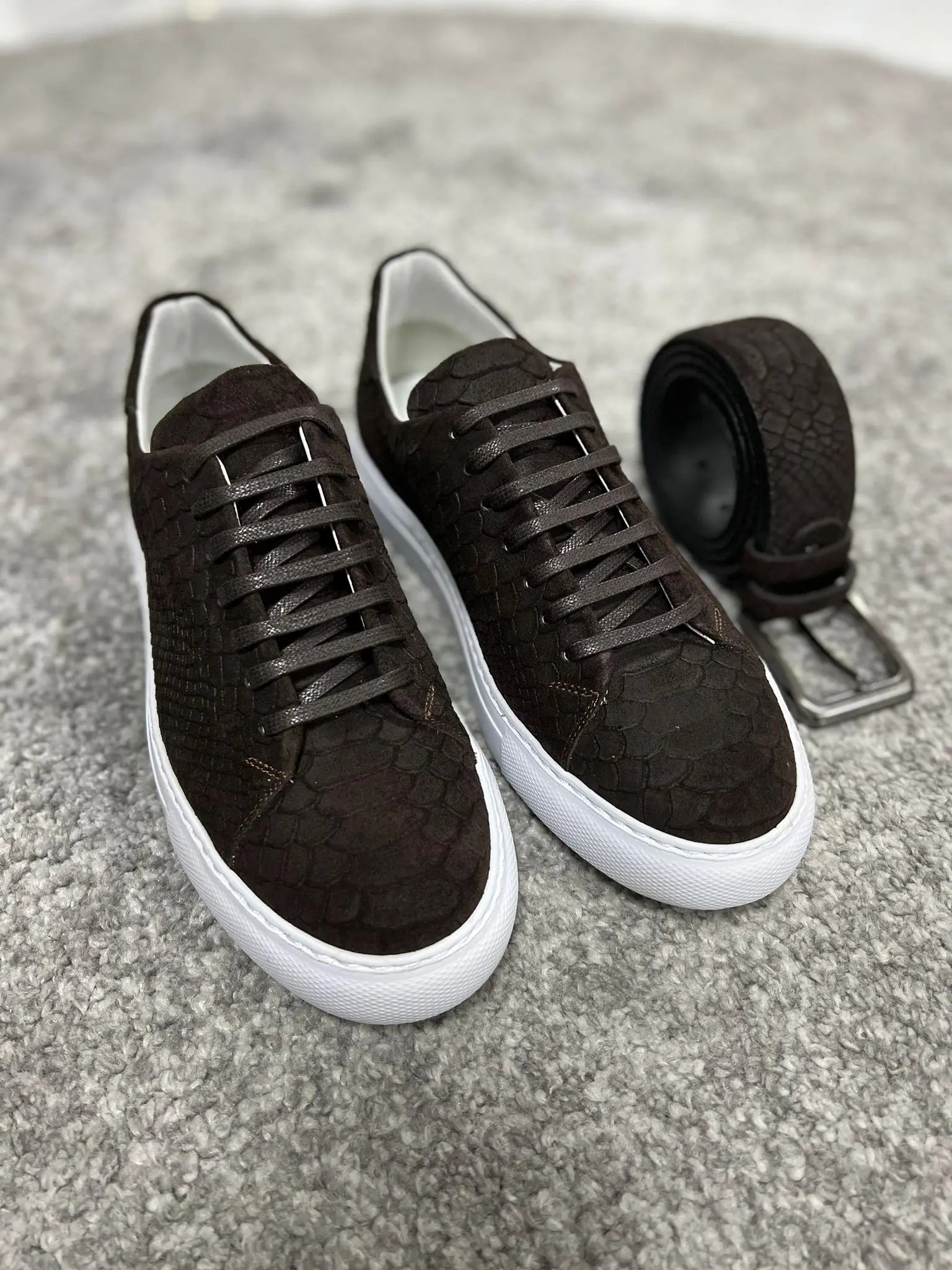 Lenzi Special Edition Suede Print Leather Brown Sneakers - BRABION