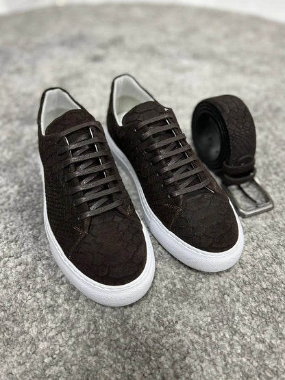 Lenzi Special Edition Suede Print Leather Brown Sneakers - BRABION