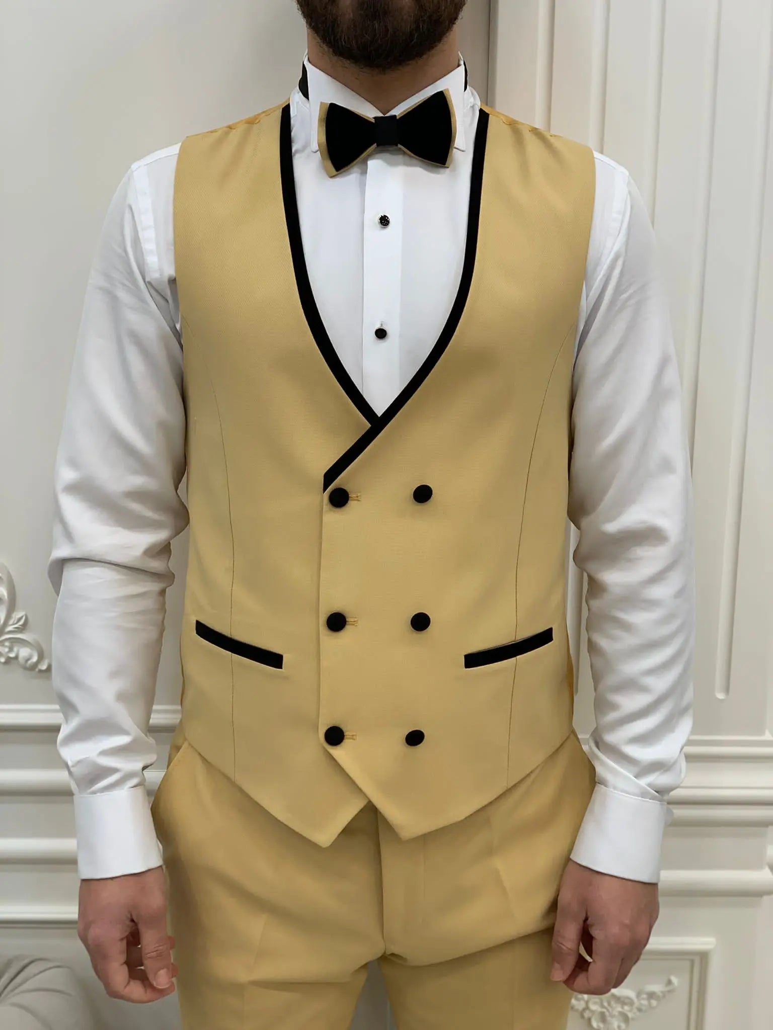 Eden Yellow Slim Fit Velvet Peak Lapel Tuxedo - BRABION