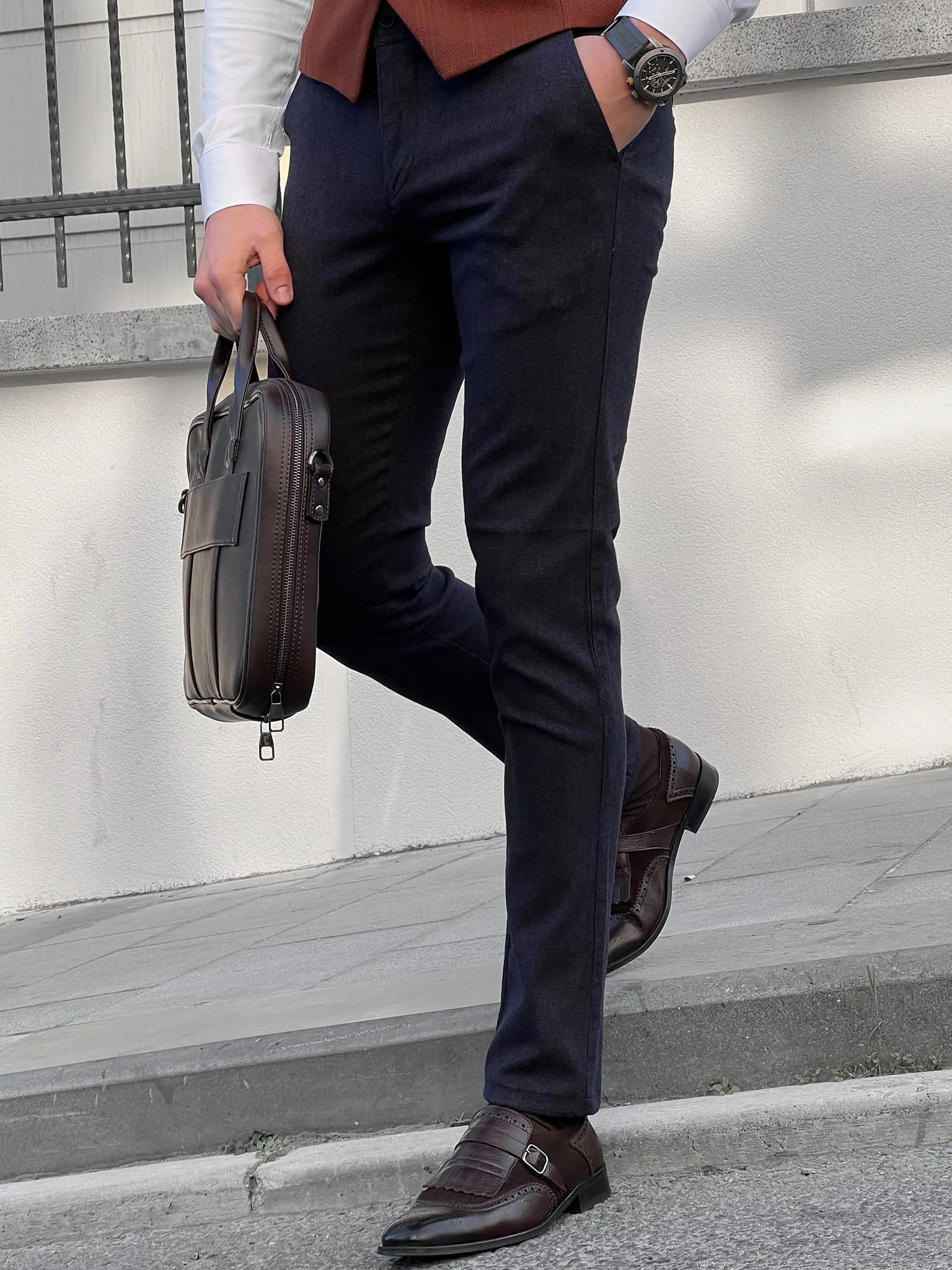 Fabio Navy Blue Slim Fit Cotton Pants - BRABION