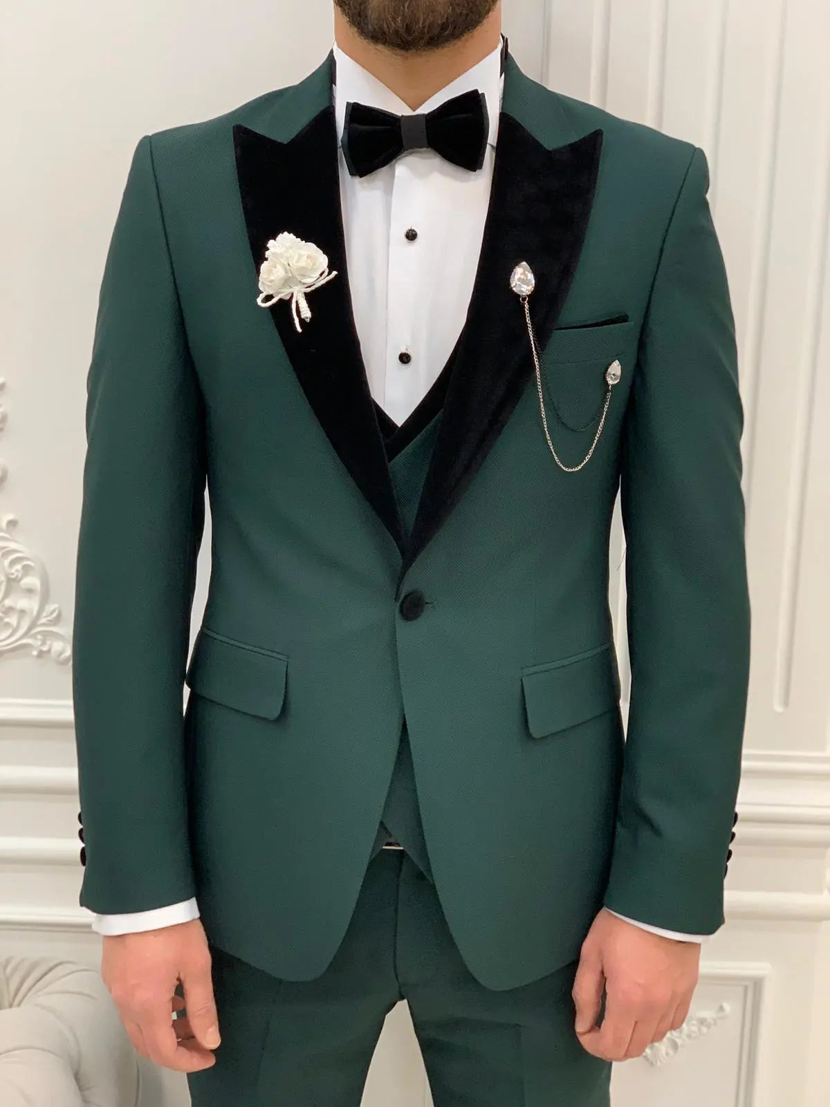 Eden Green Slim Fit Velvet Peak Lapel Tuxedo - BRABION